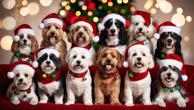 A warm and cozy festive scene photograph showcasing multiple Christmas dogs, each with unique breeds and personalities, set against a blurred background with a prominent bokeh effect, evoking 