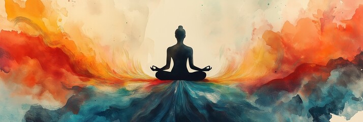 Figure in Meditation Amid Circular Watercolor Waves, Symbolizing Inner Peace and Positive Mental Health