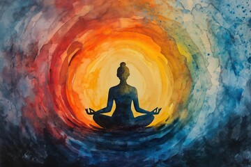 Figure in Meditation Amid Circular Watercolor Waves, Symbolizing Inner Peace and Positive Mental Health