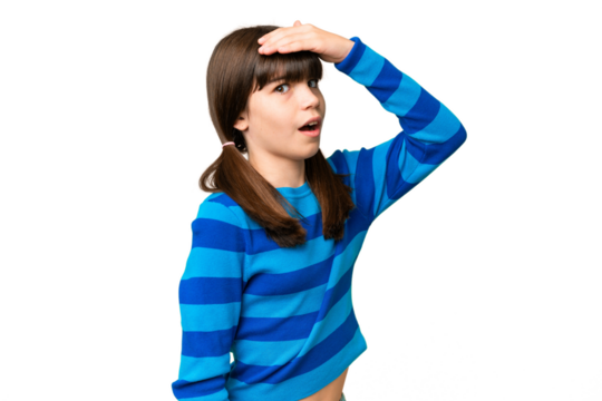 Little caucasian girl over isolated background doing surprise gesture while looking to the side