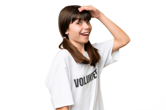 Little volunteer girl over isolated background doing surprise gesture while looking to the side