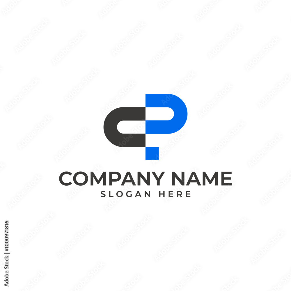 Poster cp logomark with c in black p in blue with the digital pixel as the letter p in geometric and modern