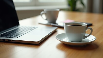 Laptop with coffee, phone, and sticky notes on desk