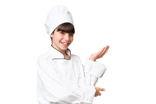 Little caucasian chef girl over isolated background extending hands to the side for inviting to come