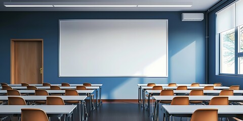 Empty Classroom with Whiteboard and Desks