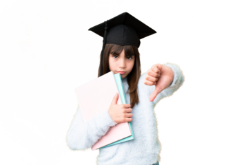 Little caucasian student girl over isolated background showing thumb down with negative expression