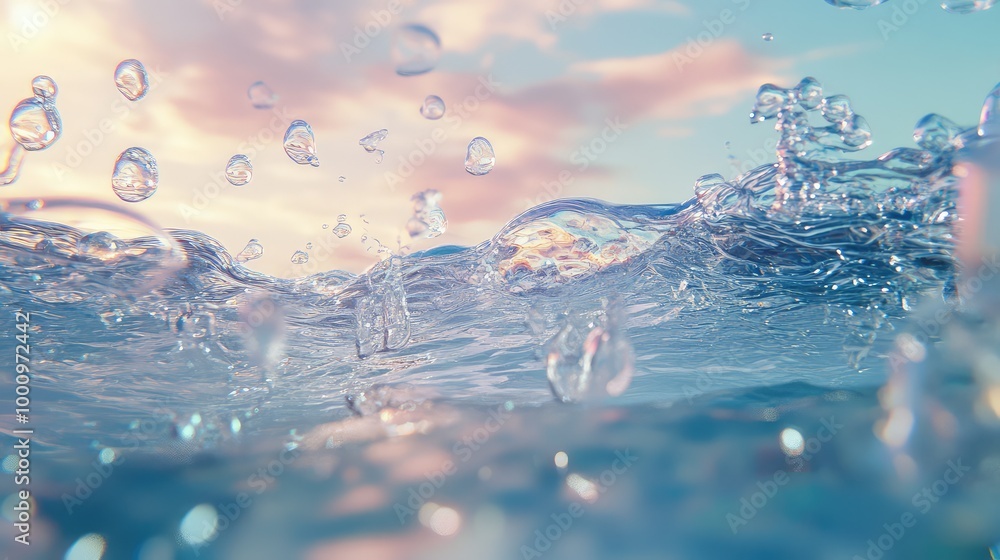 Aufkleber an enchanting 3d rendering of a water bottom, surrounded by delicate bubbles and an array of soft, f