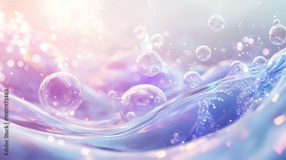 Poster an enchanting 3d rendering of a water bottom, surrounded by delicate bubbles and an array of soft, f