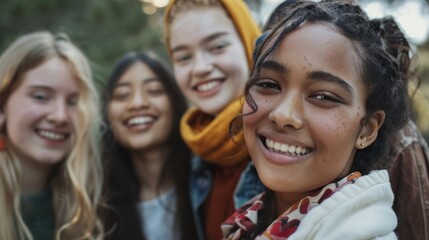 Fototapeta premium Friendly young women from different ethnic backgrounds, smiling warmly and standing closely together