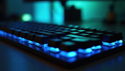 Close-up of black keyboard with blue backlighting
