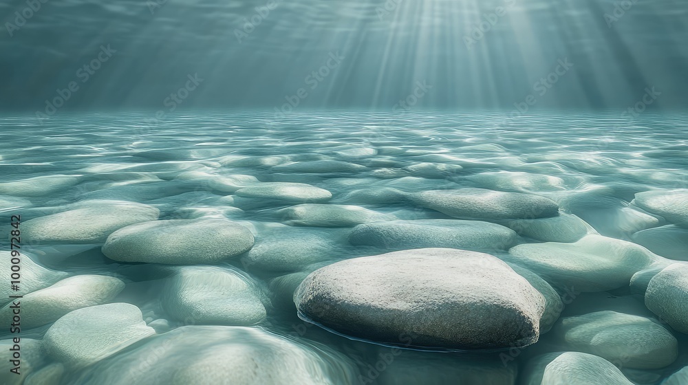 Poster an ethereal 3d image of a water bottom with smooth stones, illuminated by gentle light filtering thr