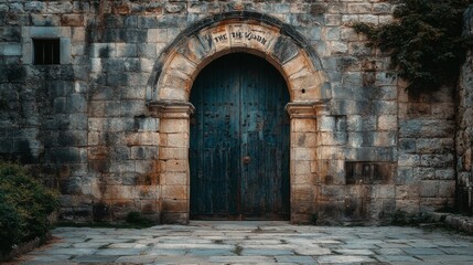 Fototapeta premium Ancient Stone Doorway with Blue Wooden Doors