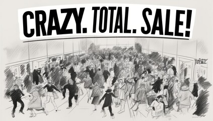 Obraz premium Black Friday Total Sale Hand-Drawn Poster with Crowd Chasing Discounts