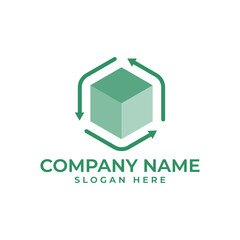 Recycle arrow logo with the cube in 3d tech style in green color to represent sustainable environment and love nature