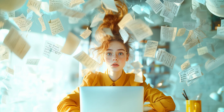 Overwhelmed Student Studying for Baccalaureate: Chaos of Flying Notes at a Study Desk in an Intense Revision Session