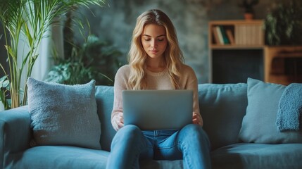 Obraz premium Young Woman Working on Laptop at Home
