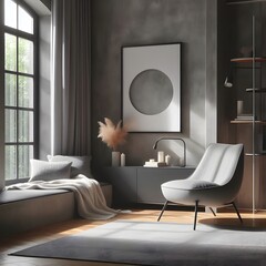 Stylish and cozy reading nook. Grey lounge chair against window. minimalist interior design