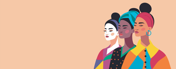  Women's day. Abstract women of different nationality, skin, appearance and culture stand together, banner with space for text for advertising, website. Concept of movement for gender equality 