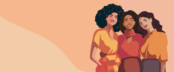 Women's day. Feminist women of different appearance and culture stand together. Banner with space for text for advertising, website. Concept of movement for gender equality and women's empowerment