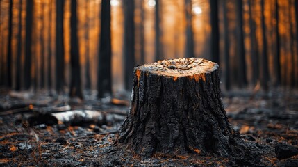 Obraz premium A charred tree stump remains in a forest devastated by fire, symbolizing environmental damage and the aftermath of destruction. Scorched earth surrounds the stump.