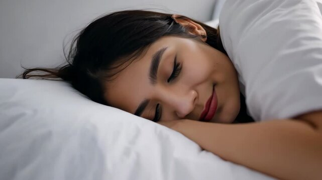 Asian teenage girl sleeping soundly wrapped in white sheets with serene expression