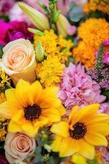 Vibrant Close-Up of a Colorful Mixed Flower Bouquet with Roses, Sunflowers, and Marigolds