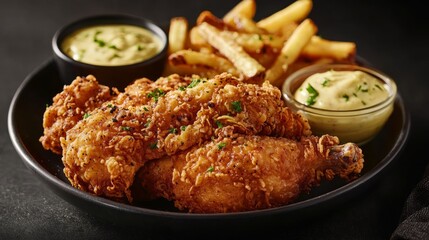 Fototapeta premium Succulent Gourmet Fried Chicken Meal with Truffle Fries and Aioli on Stylish Dark Background