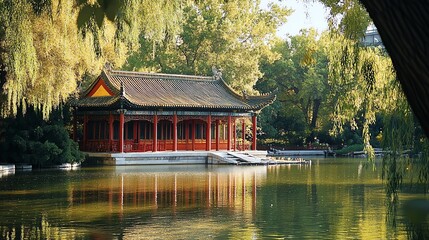 Naklejka premium A tranquil scene with a traditional Chinese pavilion on a lake.