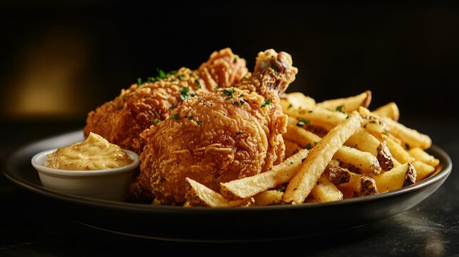 Culinary Delight: Gourmet Fried Chicken with Truffle Fries and Aioli on Dark Background