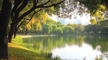 Fototapeta premium A tranquil park scene with a pond, lush greenery, and a gazebo in the background.