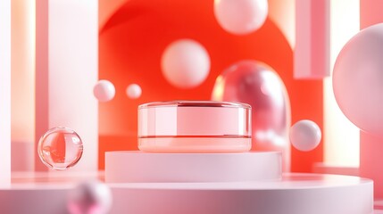 A refined 3D visualization of face cream, combined with floating geometric shapes and soft lighting effects