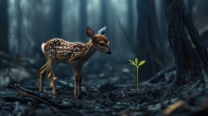 Obraz premium A little deer, standing in a burnt forest, looks intently at a small green plant, symbolizing nature's resilience and the impact of environmental damage.