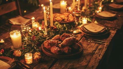 Delicious Fried Chicken Feast on Rustic Wooden Table with Cozy Candlelit Ambiance for Ad Poster