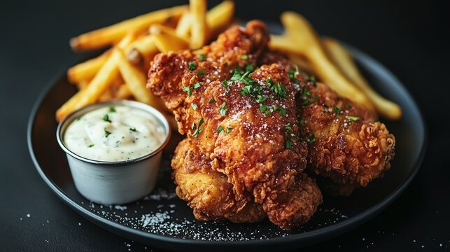 Savory Delights: Gourmet Fried Chicken Meal with Truffle Fries and Aioli on Dark Background