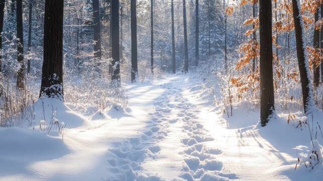 Snowy Forest Clearing with Fresh Deer Tracks in the Snow