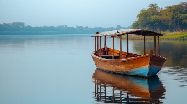 Twelve-Seater FRP Motor Boat Anchored on the Godavari River Bank