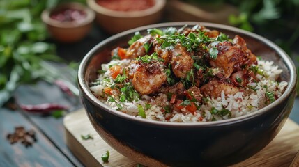 Fototapeta premium Savory Fried Chicken Bowl Delight with Fresh Herbs and Spices in Cozy Dining Ambiance