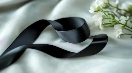 Obraz premium A black satin ribbon tied in a bow, next to a sprig of white flowers.