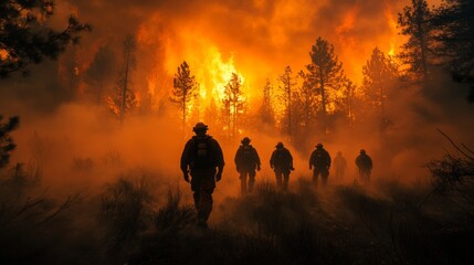 Fototapeta premium Wildfire Response Team Amidst Blazing Forest