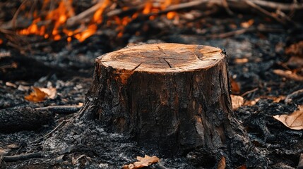 Fototapeta premium Close-up of a scorched tree stump surrounded by burnt forest debris, conveying the environmental damage caused by forest fires and their devastating effects.