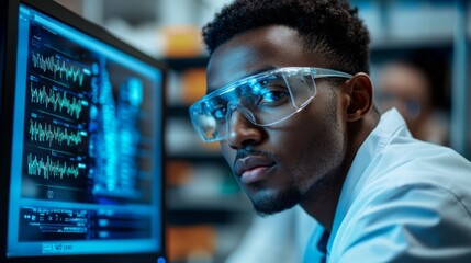 Scientist analyzing data on computer