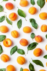 Fresh Apricots and Green Leaves Pattern on White Background - Vibrant and Colorful Fruit Arrangement