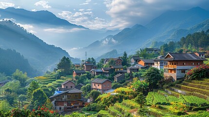 Beautiful Background of Rural Scenery in Mountain Villages: A Peaceful and Idyllic Retreat. Experience the Tranquility and Charm.