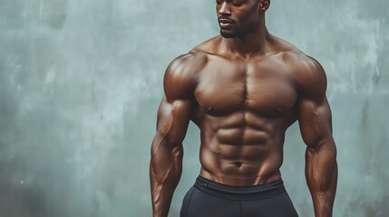 A muscular black man is flexing his bicep in front of a gray background.