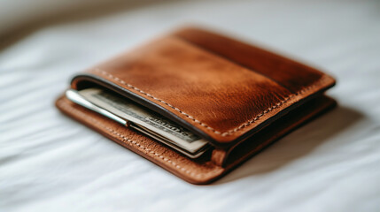 Minimalist Arrangement of Leather Wallet and Money Clip on White Background
