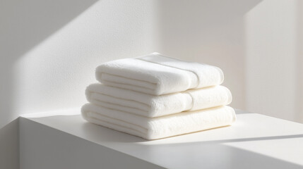 Elegant Stack of White Towels on a Clean White Background
