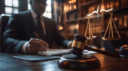 A lawyer writing with a gavel and scales of justice in view, symbolizing law and legal proceedings.