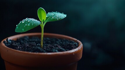 Green Seedling Emerging from Dark Soil in a Terracotta Pot