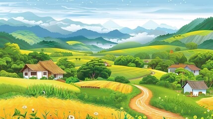 Obraz premium Beautiful Background of Rural Scenery in Mountain Villages: A Peaceful and Idyllic Retreat. Experience the Tranquility and Charm.