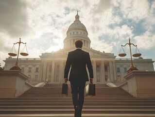A lawyer walking up the courthouse steps, holding a briefcase, with the scales of justice and a grand courthouse in the background